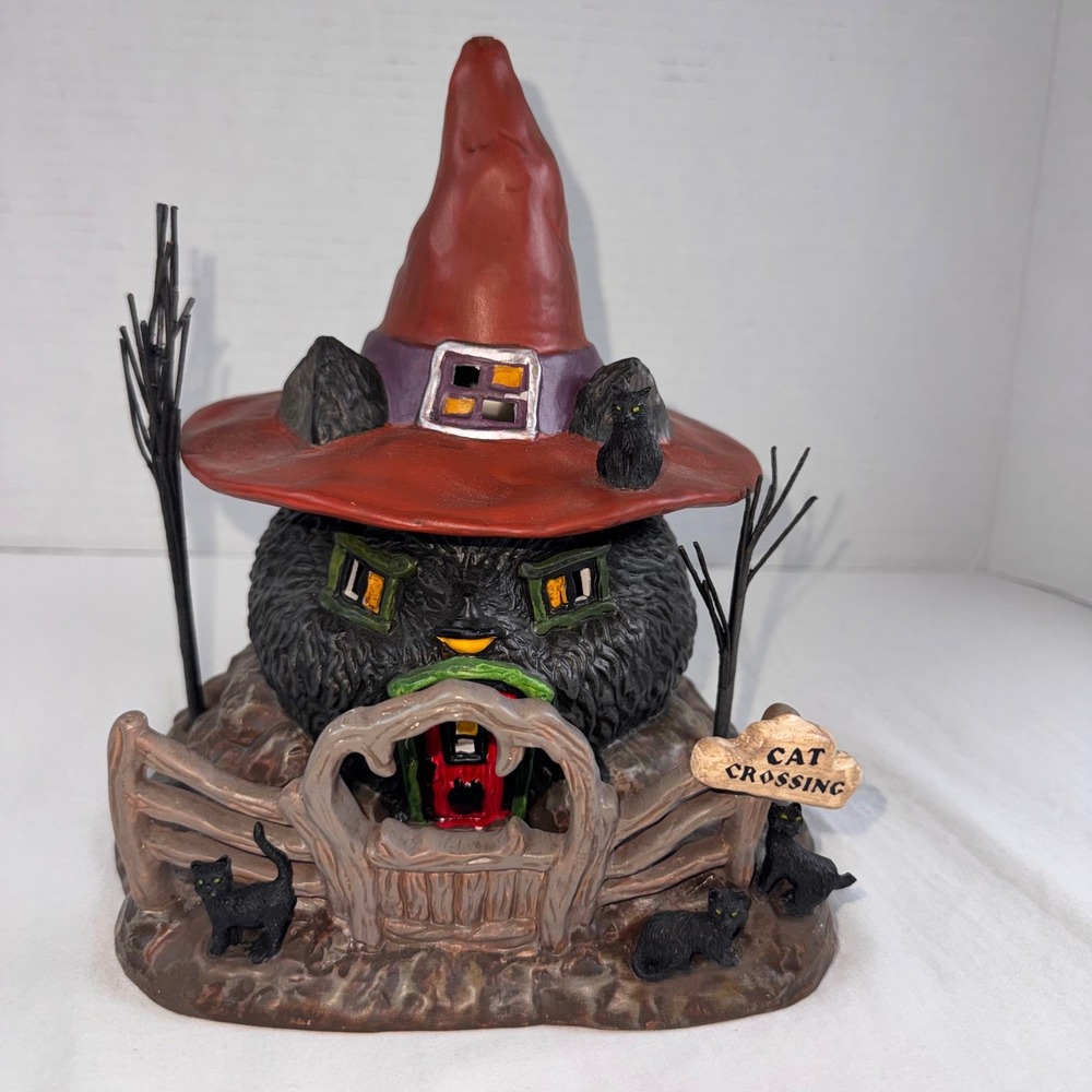 Dept 56 Black Cat Shack Halloween Snow Village 2015 Ceramic Witch Hat House